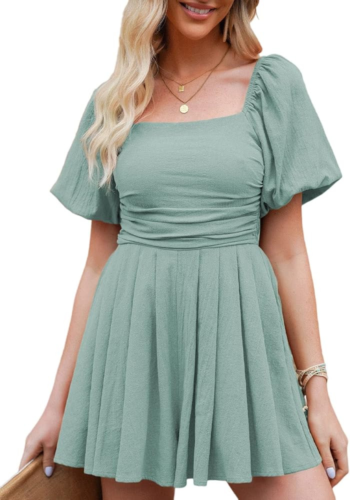 AlvaQ Women's Rompers Cute Puff Sleeve Elastic Summer Square Neck Casual Spring Mini Short Romper... | Amazon (US)