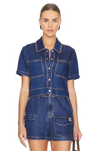 MONROW Soft Denim Shirt Sleeve Short in Medium Wash from Revolve.com | Revolve Clothing (Global)