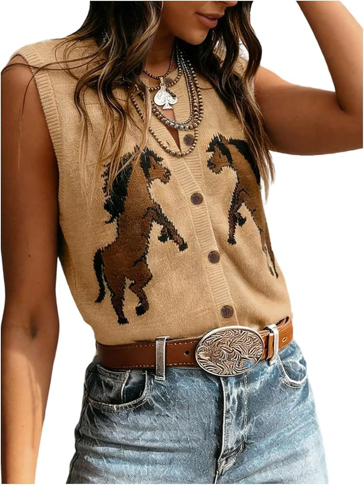 GORGLITTER Women's Horse Western Sweater Vest Button Up Knit Tank Top | Amazon (US)