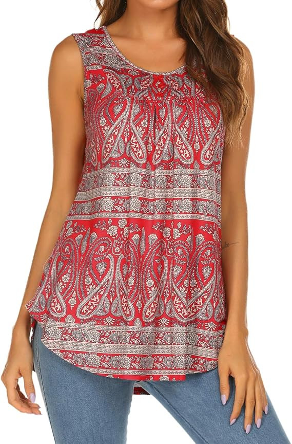 Halife Women's Paisley Printed Pleated Sleeveless Blouse Shirt Casual Flare Tunic Tank Top | Amazon (US)