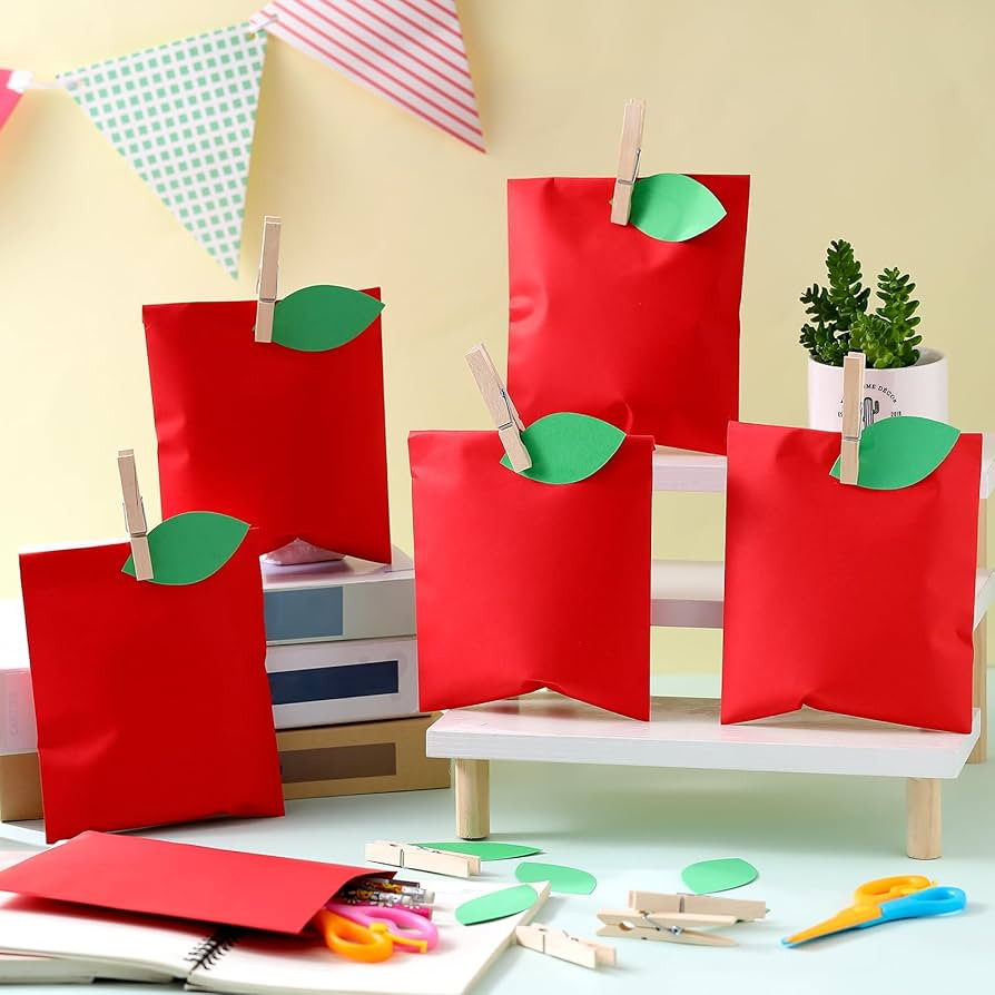 Wesnoy 24 Pcs Red Apple Paper Bags with Leaf Tag Wooden Clip Back to School Teacher Appreciation ... | Amazon (US)