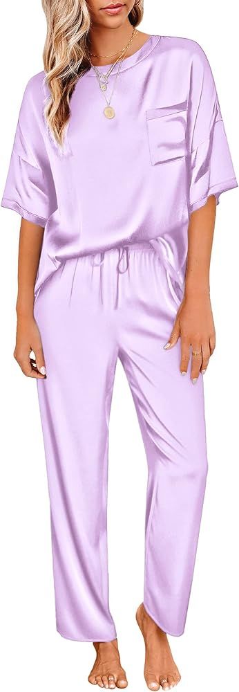 Ekouaer Womens Satin Silky Pajama Set Short Sleeve Shirt with Long Pajama Pant Set Soft PJ Lounge... | Amazon (US)