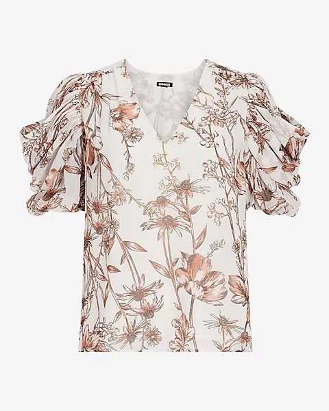Floral Print V-neck Puff Draped Sleeve Top | Express