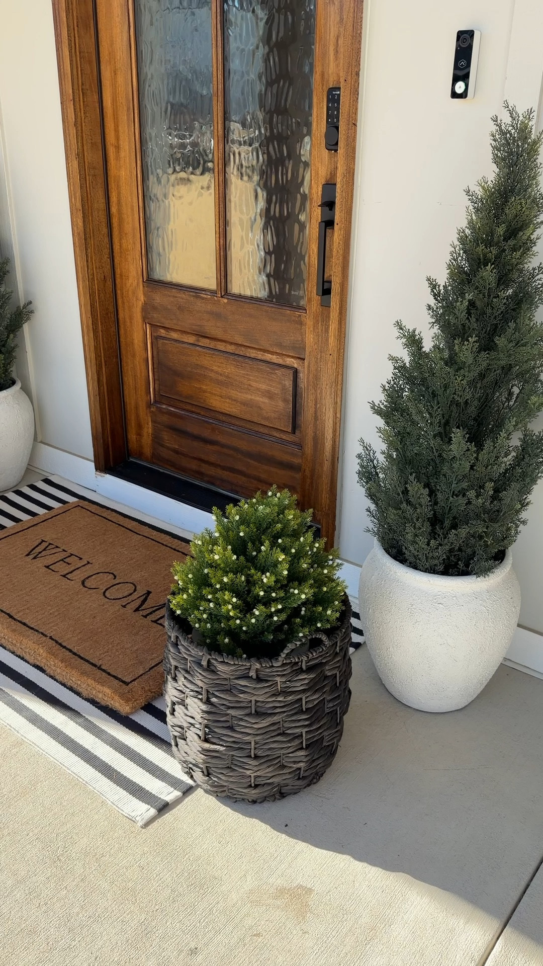 Winter porch, front porch inspo, front porch decor, winter front porch decor, faux bush, faux topiary, porch mat, planters, McGee and co porch, Amazon outdoor, Amazon faux tree, faux cedar trees, Amazon porch finds, porch inspo