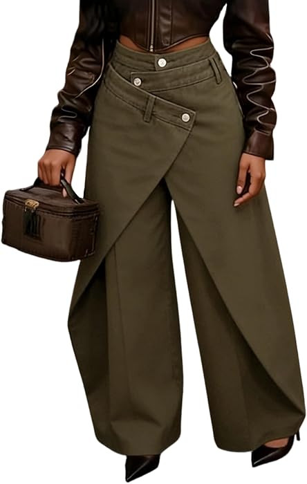 Kwunbwa Women's High Waisted Wide Leg Asymmetrical Pants Wrap Trousers     Baggy, Stretch Fabric,... | Amazon (US)