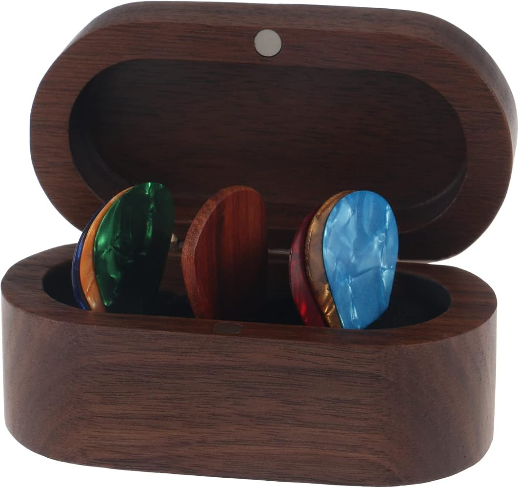 MYLYWOO Walnut Guitar Pick Holder Set with 1 Rosewood Pick and 6 Celluloid Picks in 3 Thicknesses, M | Amazon (US)