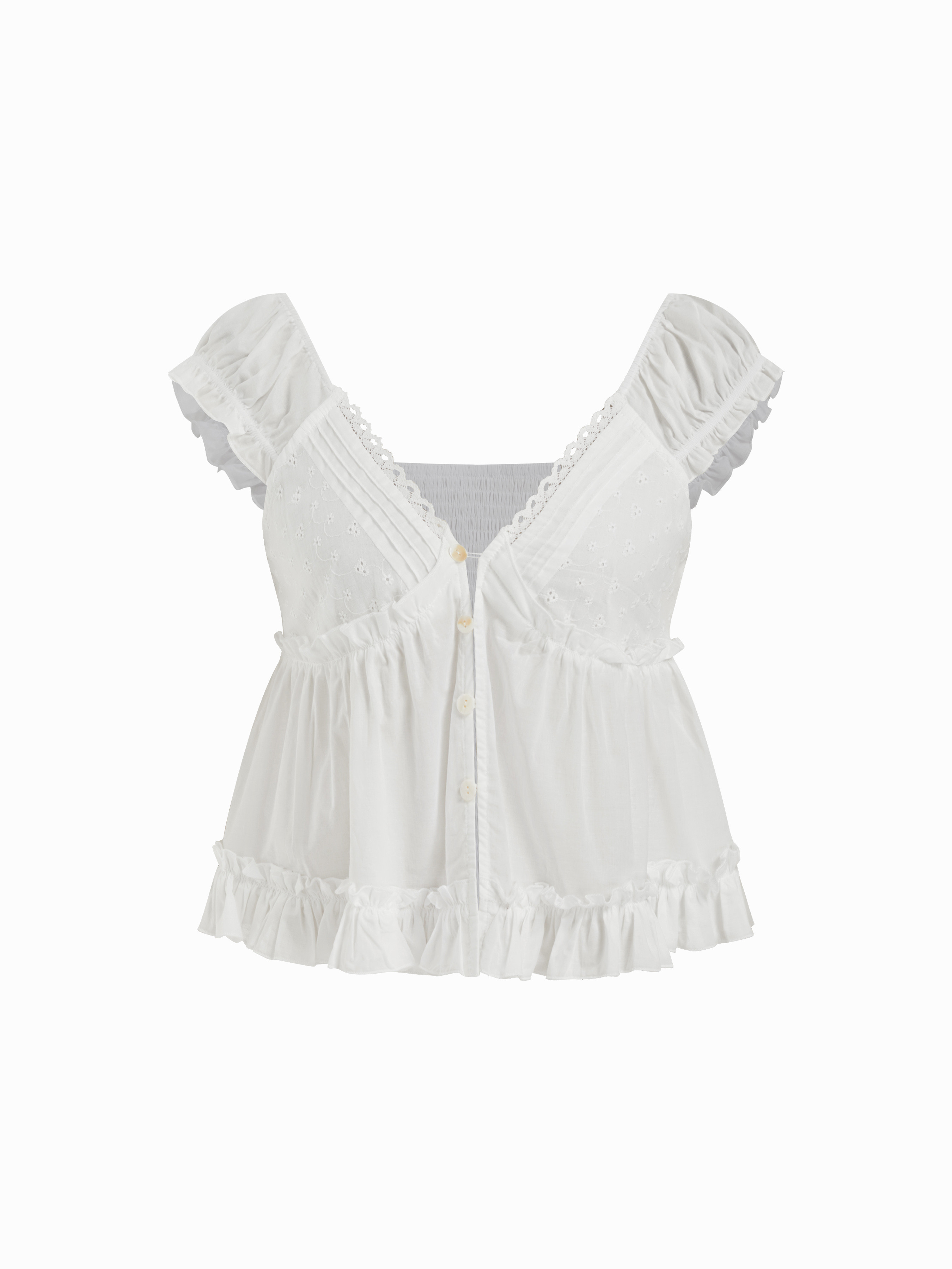 Woven 100% Cotton V-neck Broderie Anglaise Ruffle Hem Blouse For Daily Casual Date | Cider