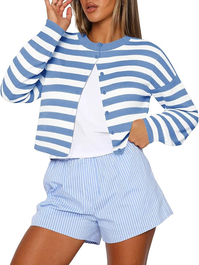 Kistore Womens Cropped Cardigan Sweaters Crew Neck Long Sleeve Button Up Sweaters Lightweight Kni... | Amazon (US)