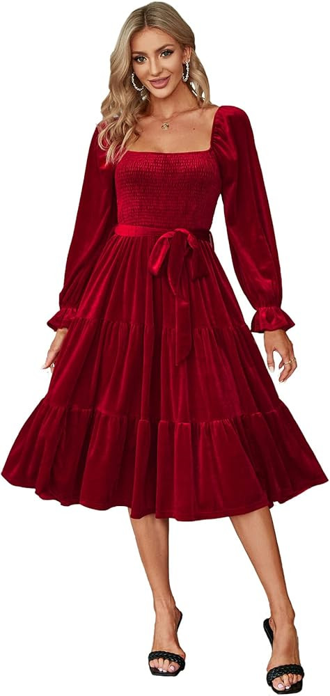 Amegoya Women's Boho Flowy Long Sleeve Square Neck Maxi Dress Fall Wedding Guest Dresses | Amazon (US)