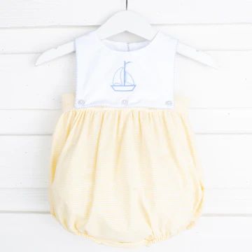 Embroidered Sailboat Button On Bubble Yellow Stripe | Classic Whimsy