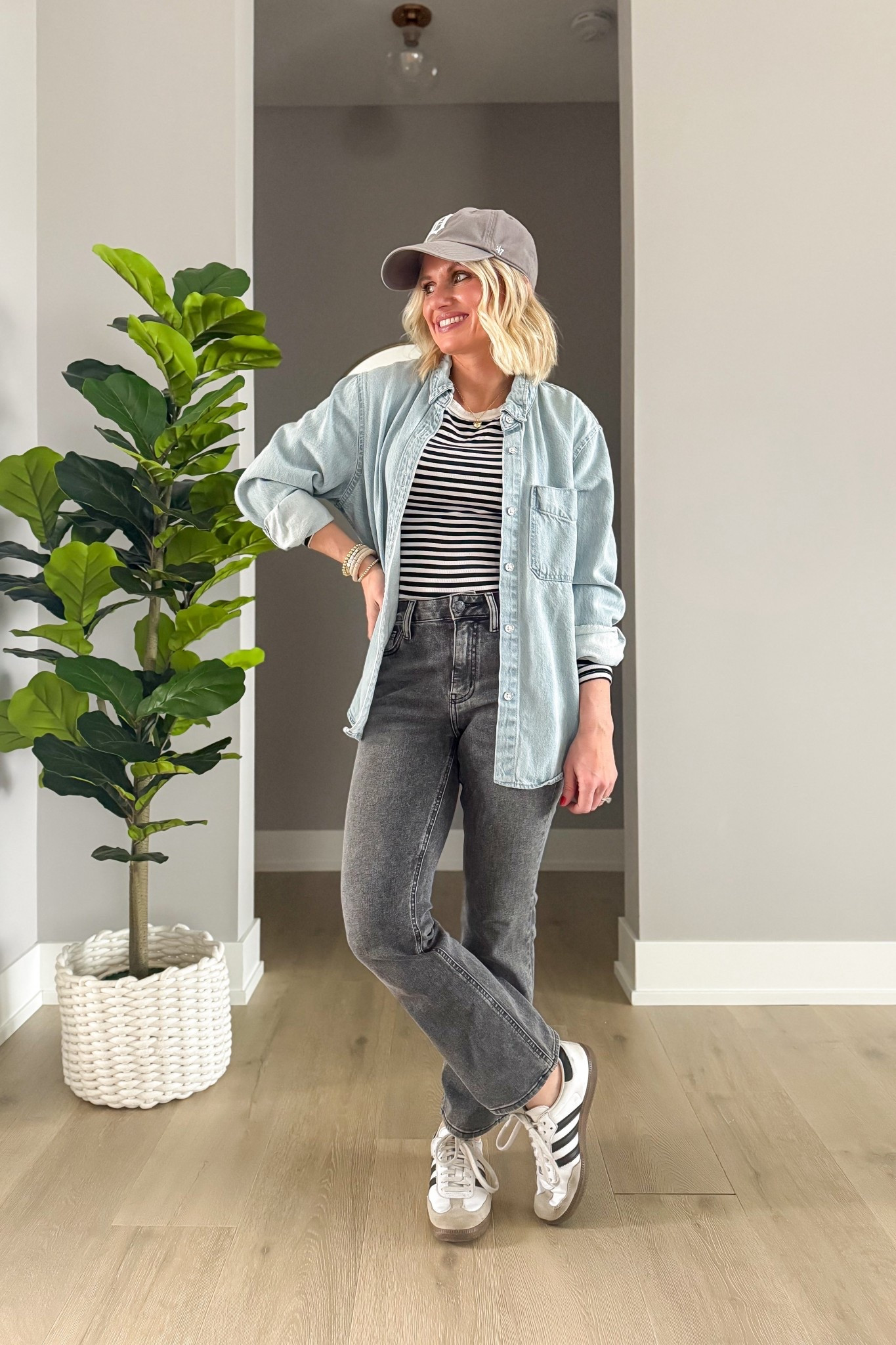 Gray jeans with a striped top and a chambray shirt. 
Jeans- 25/26”
Shirt- medium 
Top- smalll

#LTKPetite #LTKOver40 #LTKSeasonal