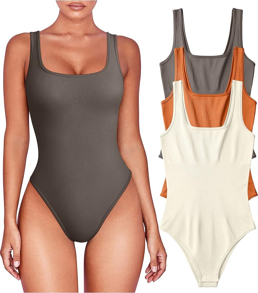 OQQ Women's 3 Piece Bodysuits Sexy Sleeveless Square Neck Shapewear Tank Tops Bodysuits | Amazon (US)