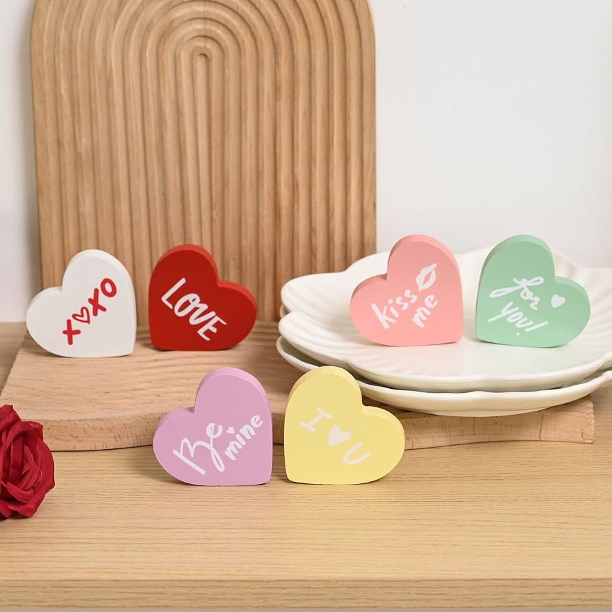 Wooden Hearts for Valentine’s Day Decor, 6 PCS Small Heart Signs in Candy Color, Freestanding C... | Amazon (US)