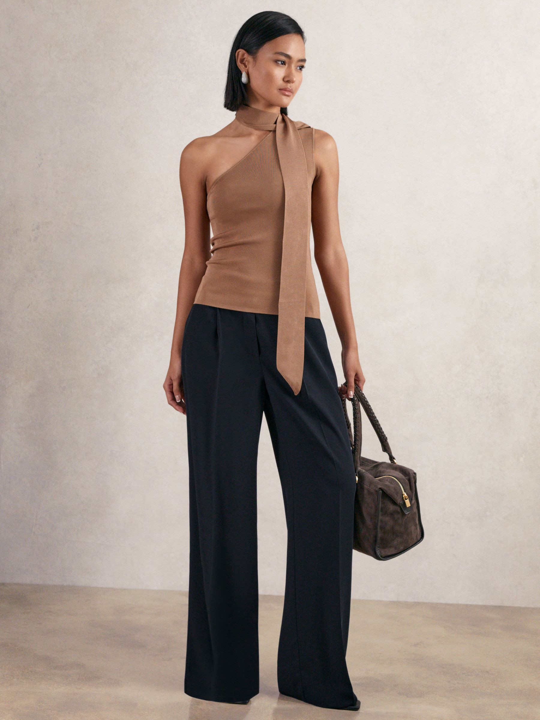 Reiss Elasticated-Waist Wide-Leg Twill Trousers in Navy - REISS | Reiss UK