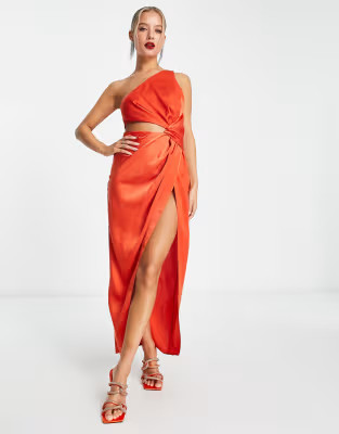 ASOS DESIGN knot detail midaxi dress with cut out detail in red | ASOS (Global)