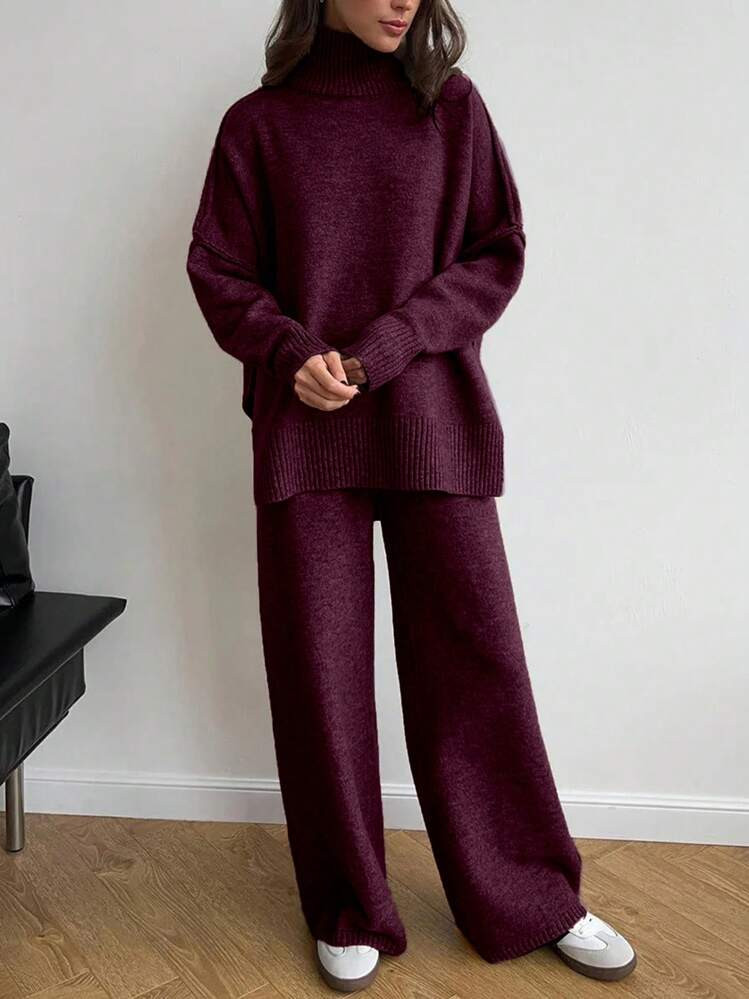 INAWLY 2 Pieces Set Women Stand Collar Solid Color Sweater And Long Pants, Casual Winter | SHEIN