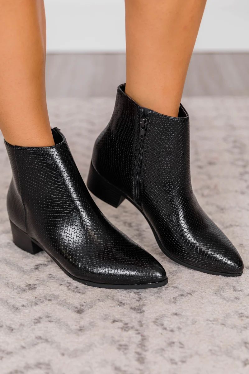 Juno Leather Snakeskin Black Booties | The Pink Lily Boutique