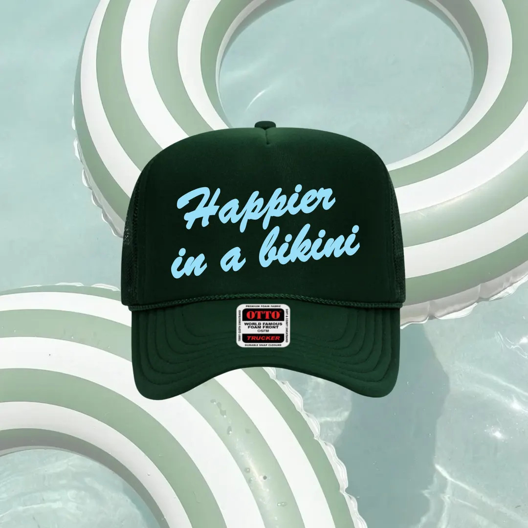 Happier in a Bikini Trucker Hat, Custom Trucker Hat, Family Vacation, Beach Trip, Pool Day Hat, G... | Etsy (US)