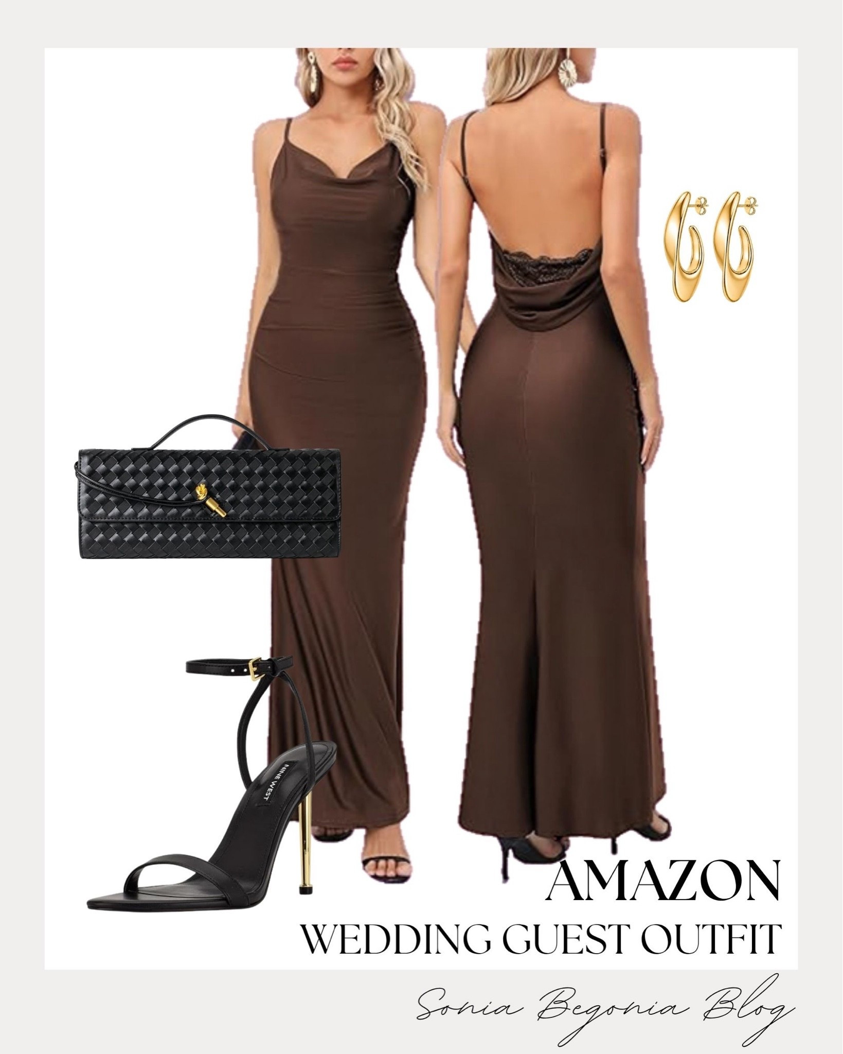 Elegant fall wedding guest look! 🤎 

I styled this floor-length chocolate brown cowl-neck dress featuring a low back detail.

I paired it with strappy black heel sandals, a woven clutch bag, and gold hoop earrings for an effortless evening aesthetic. ✨

#AmazonFashion #WeddingGuestDress #FallWedding #EveningLook #LTKwedding #OOTD #AmazonFinds #FormalWear #ChicStyle

#LTKootd #LTKWedding #LTKSeasonal