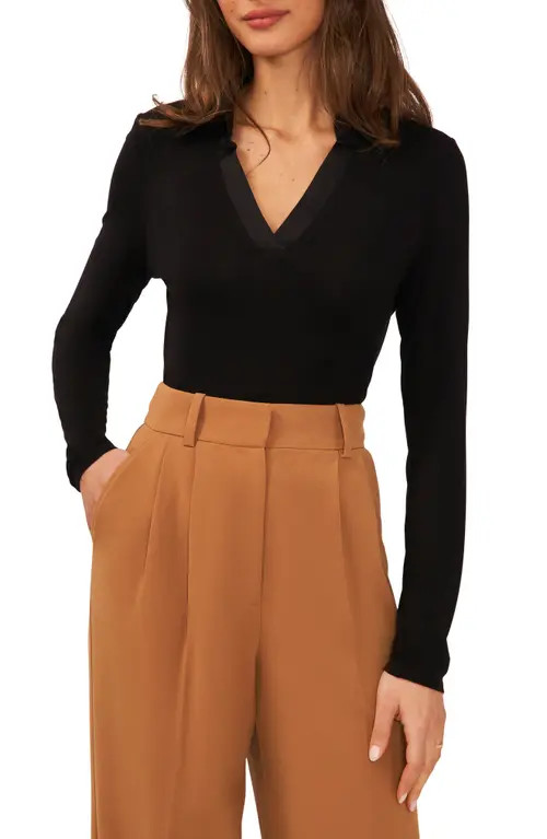 halogen(r) Contrast Collar Polo Sweater in Rich Black at Nordstrom, Size Xx-Small | Nordstrom