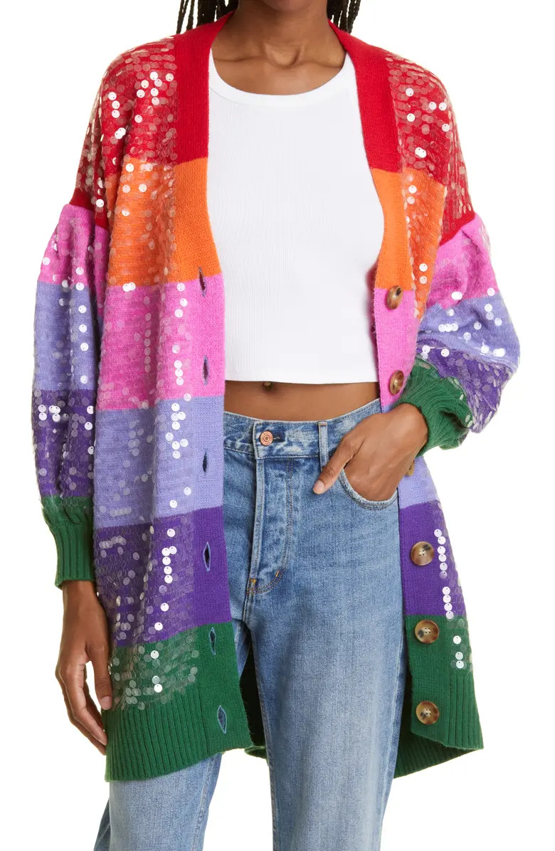 FARM Rio Rainbow Stripe Pailette Oversize Cardigan | Nordstrom | Nordstrom