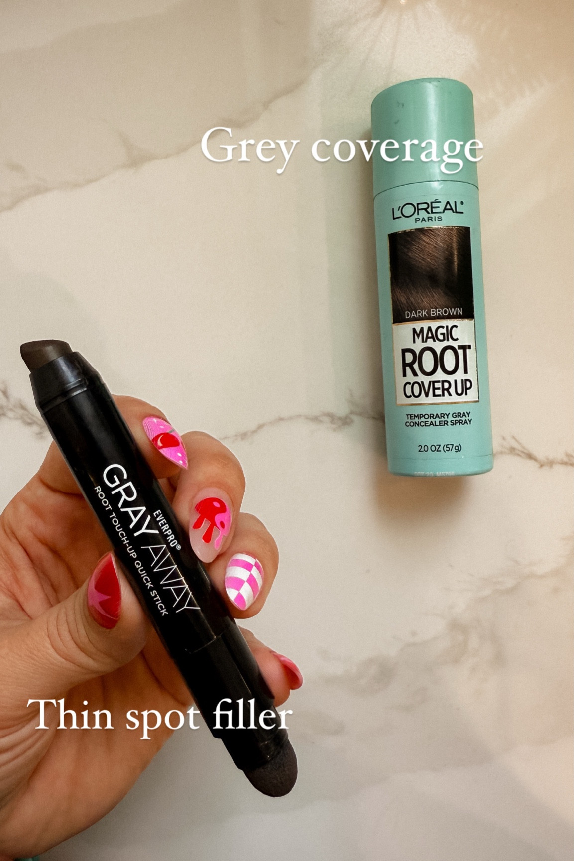 Grey coverage spray for your roots & the crayon works great for filling in thin spots for a more full look!
I get dark brown in both 


#LTKMidsize #LTKFindsUnder50 #LTKBeauty