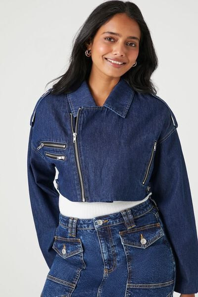 Cropped Denim Zip-Up Moto Jacket | Forever 21 (US)