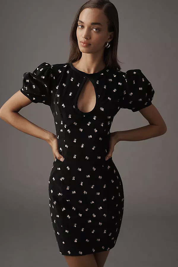 Maeve Puff-Sleeve Keyhole Embroidered Mini Dress | Anthropologie (US)