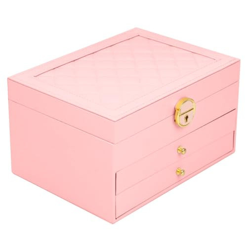 RQQM 3 Layer Jewelry Box for girls, Lockable Jewelry Organizer for Necklace Earring Ring Bracelet Watch, PU Leather Storage, Pink | Amazon (US)