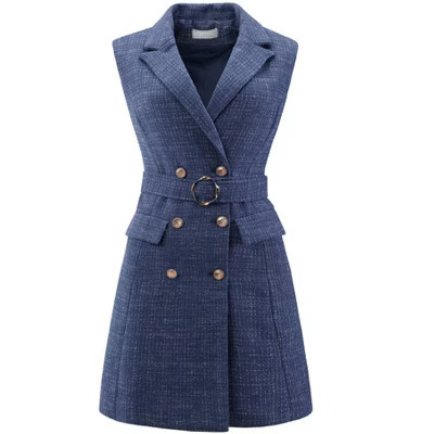 INSPIRE CHIC Women's Sleeveless Tweed Collared Belted Button Down Work Blazer Dress XX-Large Dark Blue | Target