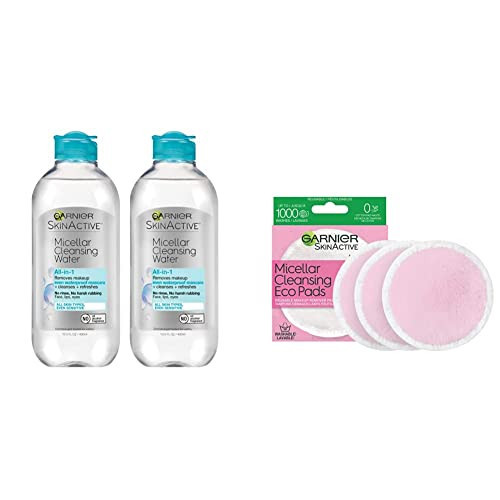 Garnier SkinActive Micellar Cleansing Water All-in-1 Cleanser & Waterproof Makeup Remover, 13.5 floz, 2 pack + EcoPads (Packaging May Vary) | Amazon (US)