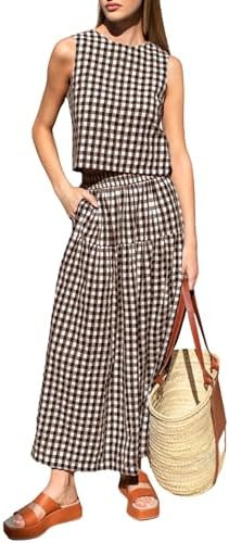 QIBABU Womens Gingham 2 Piece Outfits Casual Sleeveless Crop Top and High Waisted Tiered Skirt Pl... | Amazon (US)