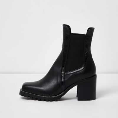 Black leather cleated block heel ankle boots | River Island (US)
