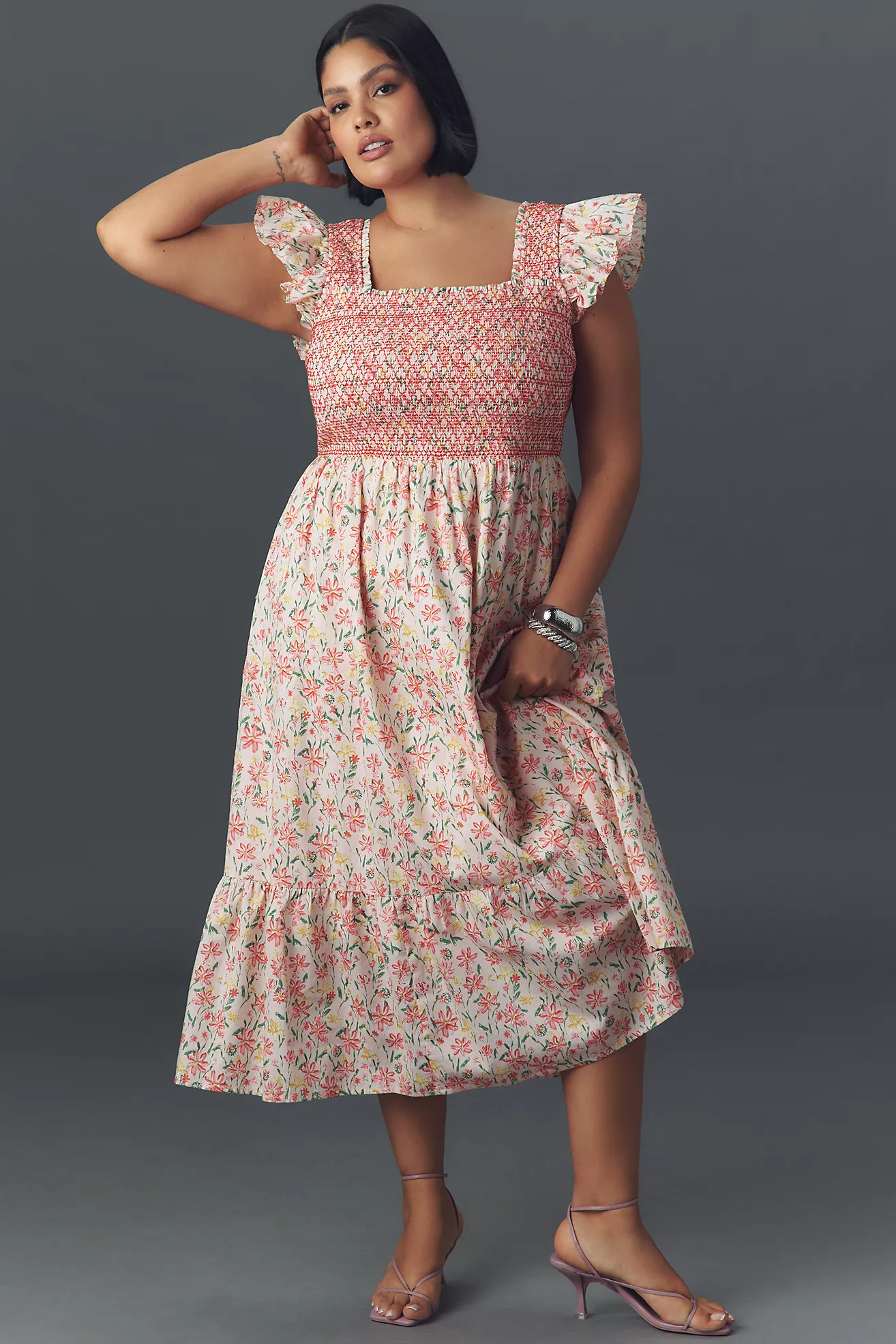 English Factory Plus Flutter-Sleeve Square-Neck Smocked Midi Dress | Anthropologie (US)