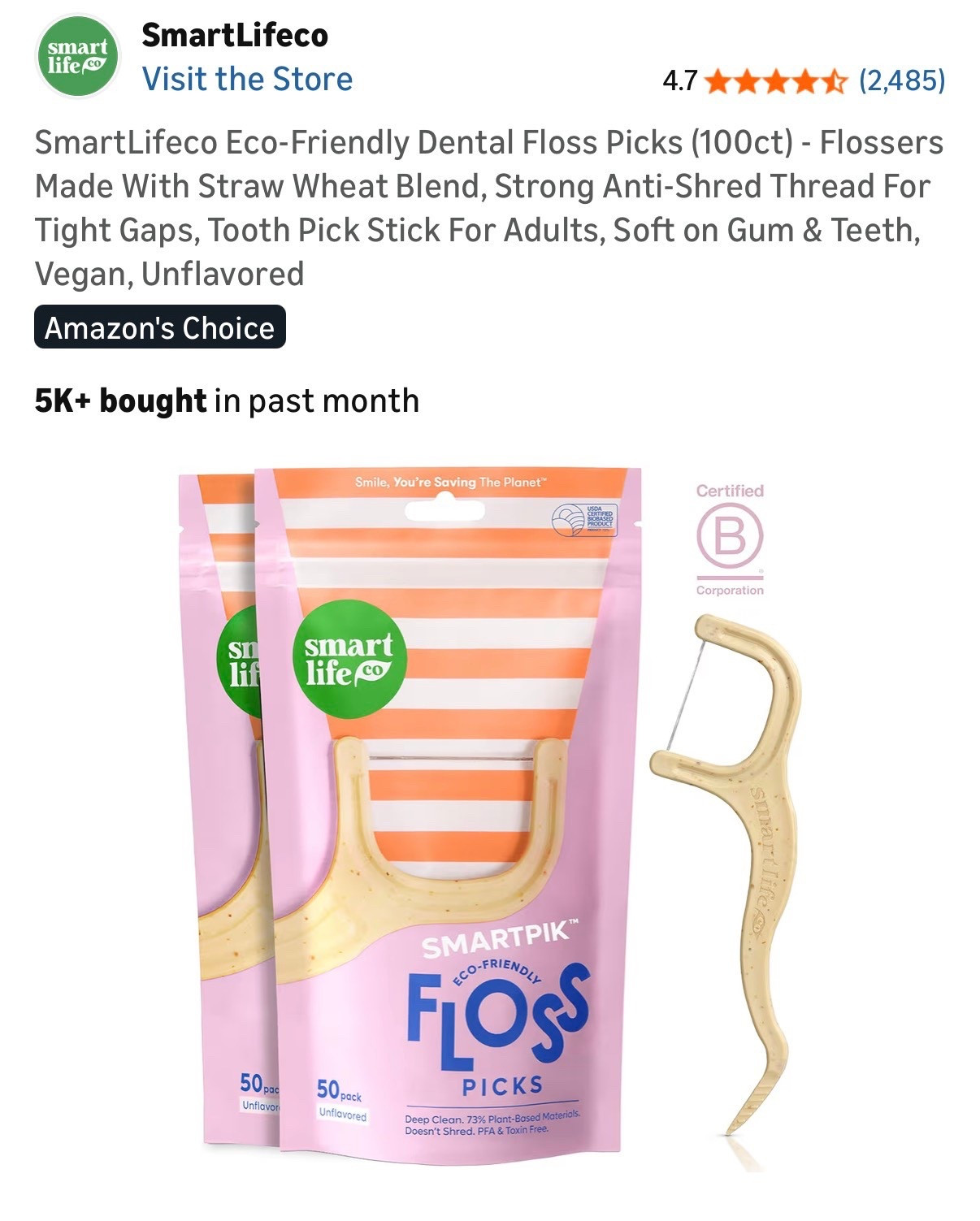 SmartLifeco Eco-Friendly Dental Floss Picks (100ct) - Flossers Made With Straw Wheat Blend, Strong Anti-Shred Thread For Tight Gaps, Tooth Pick Stick For Adults, Soft on Gum & Teeth, Vegan, Unflavored

#LTKootd #LTKgrwm #LTKselfcare