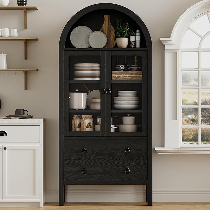 71'' Wood Arched Cabinet Kitchen Pantry - Farmhouse Arch Display Bookcase Hutch with 2 Large Draw... | Amazon (US)