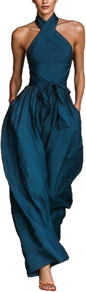 REASERAL Womens Solid Color Jumpsuit Backless Halter Sexy Slim Top Wide Leg Pants Date Night Jump... | Amazon (US)