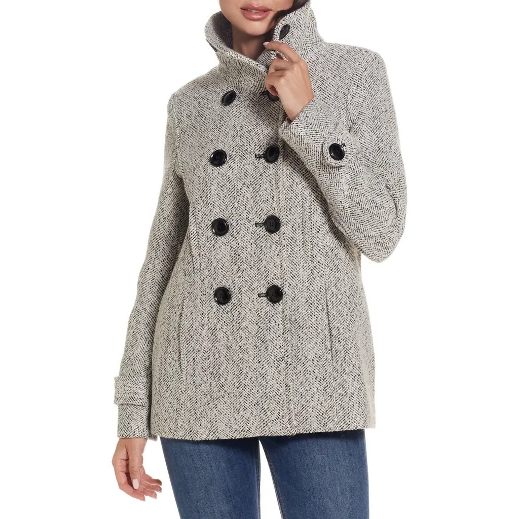 Gallery Double Breasted Peacoat in Black/White at Nordstrom, Size Large | Nordstrom