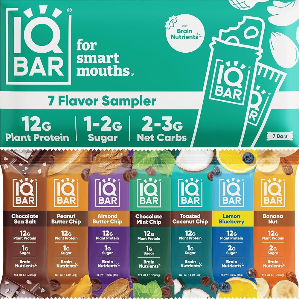 IQBAR Brain and Body Plant Protein Bars - 7 Bar Sampler Pack - Gluten Free, High Fiber, Vegan Sna... | Amazon (US)