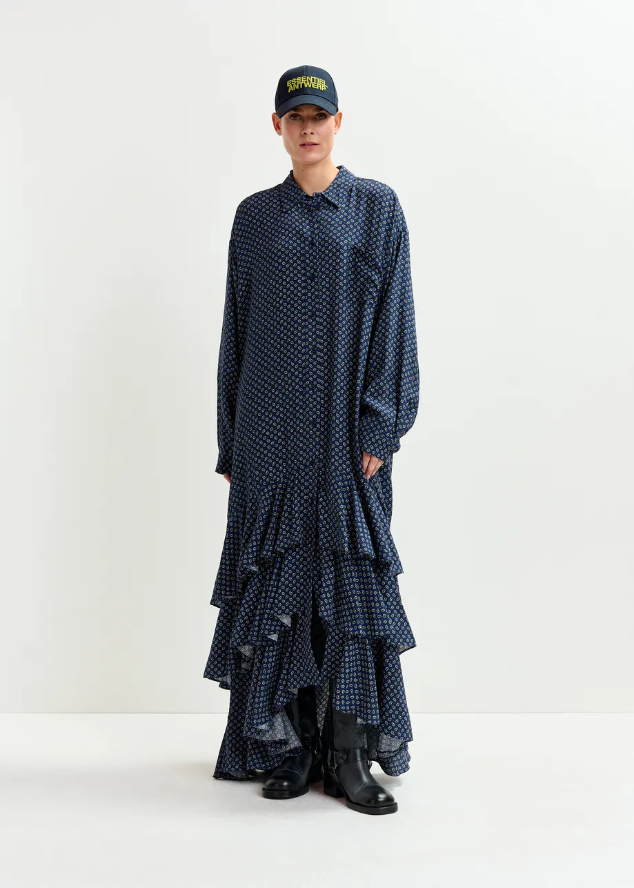 Navy, off-white and green oversized printed maxi shirt dress with ruffled hemline | Essentiel Ant... | Essentiel Antwerp