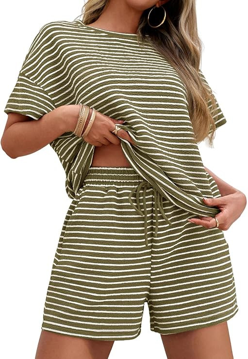 Tankaneo Womens Pajama Sets Striped 2 Piece Lounge Sets Short Sleeve Oversized T Shirts Drawstrin... | Amazon (US)