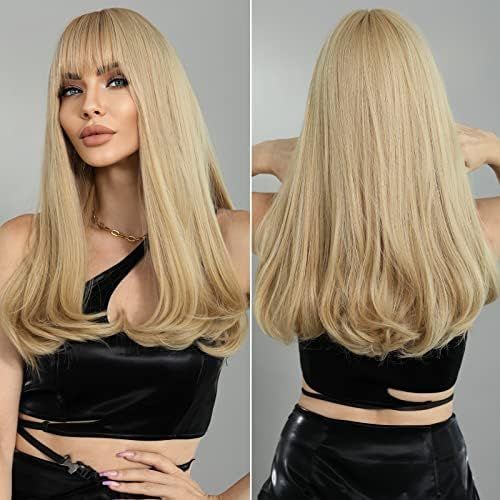 PARK YUN Long Blonde ​Wigs with Bangs, Synthetic Wig middle part straight, Wavy Curly Hair End | Amazon (US)