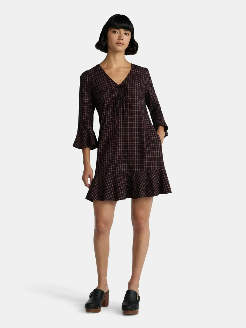 Time and Tru Women's Plaid Tie Front Mini Dress, Sizes XS-XXXL | Walmart (US)