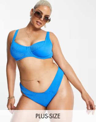 We Are We Wear Plus Ashley v front high leg bikini bottom in blue rib  | ASOS | ASOS (Global)