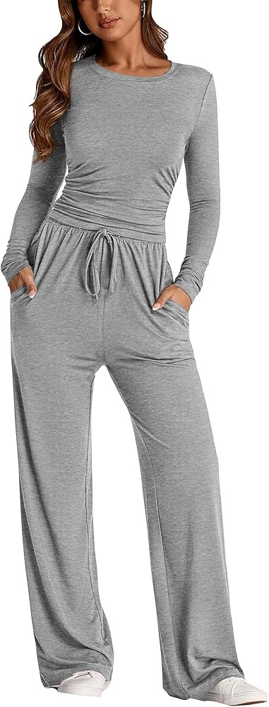 Womens 2 Piece Lounge Sets Ruched Long Sleeve Tops and High Waisted Wide Leg Pants Matching Pajam... | Amazon (CA)