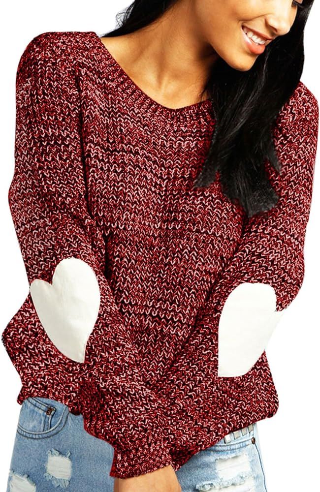 Women's Cute Heart Pattern Patchwork Casual Long Sleeve Round Neck Knits Sweater Pullover | Amazon (US)