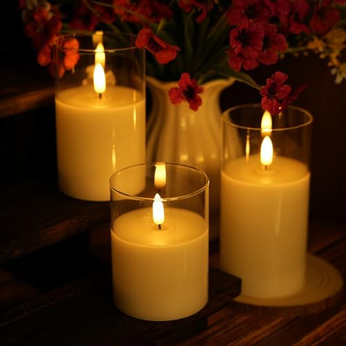 Flameless Candle in Glass, Flashing LED Pillar Real Wax Fake Candle with Remote Control and Timer, Battery Operated Electronic Candles for Wedding Home Decorations - 3Pack | Amazon (US)