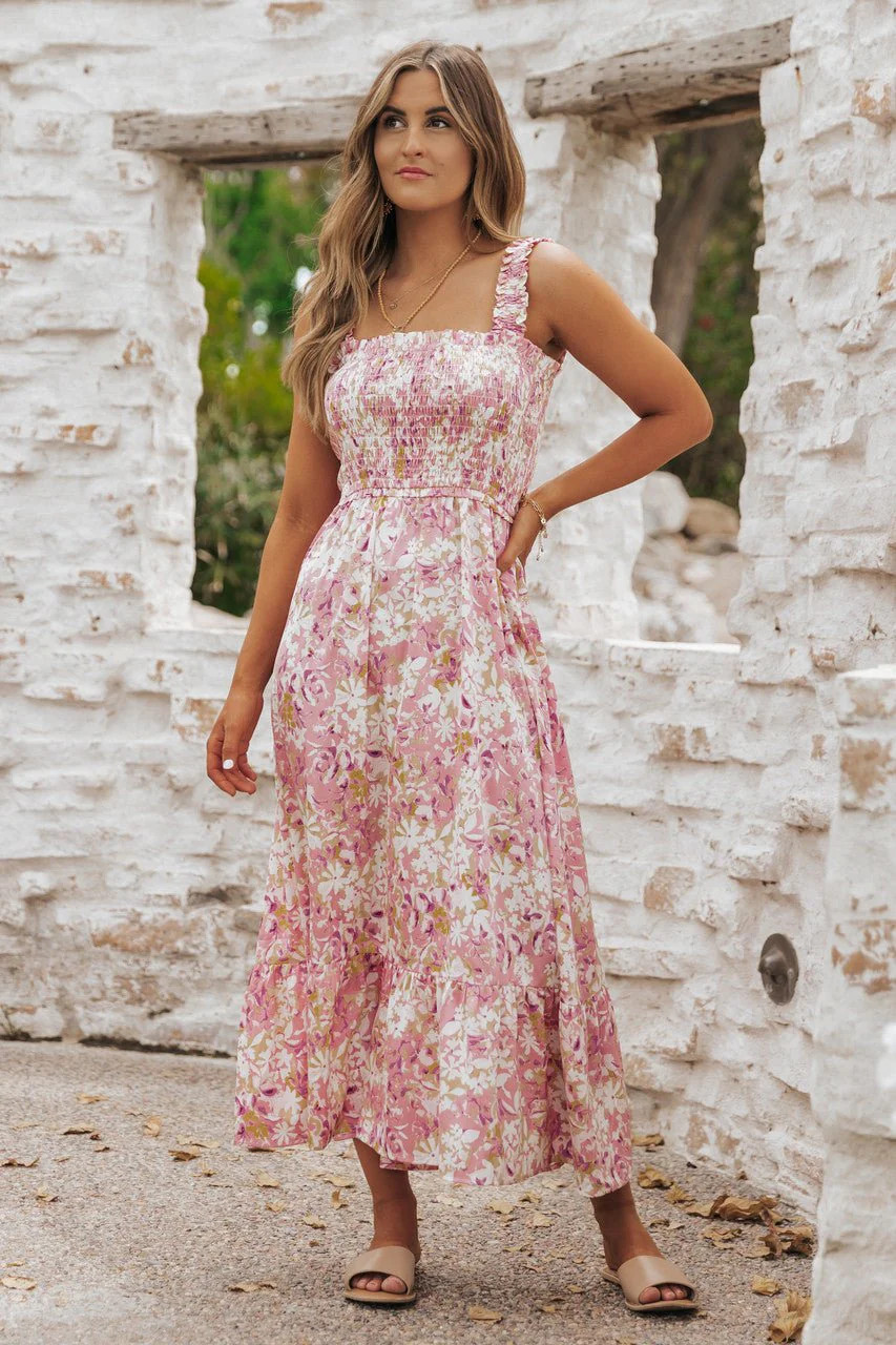 Caribbean Pink Floral Smocked Maxi Dress | Magnolia Boutique