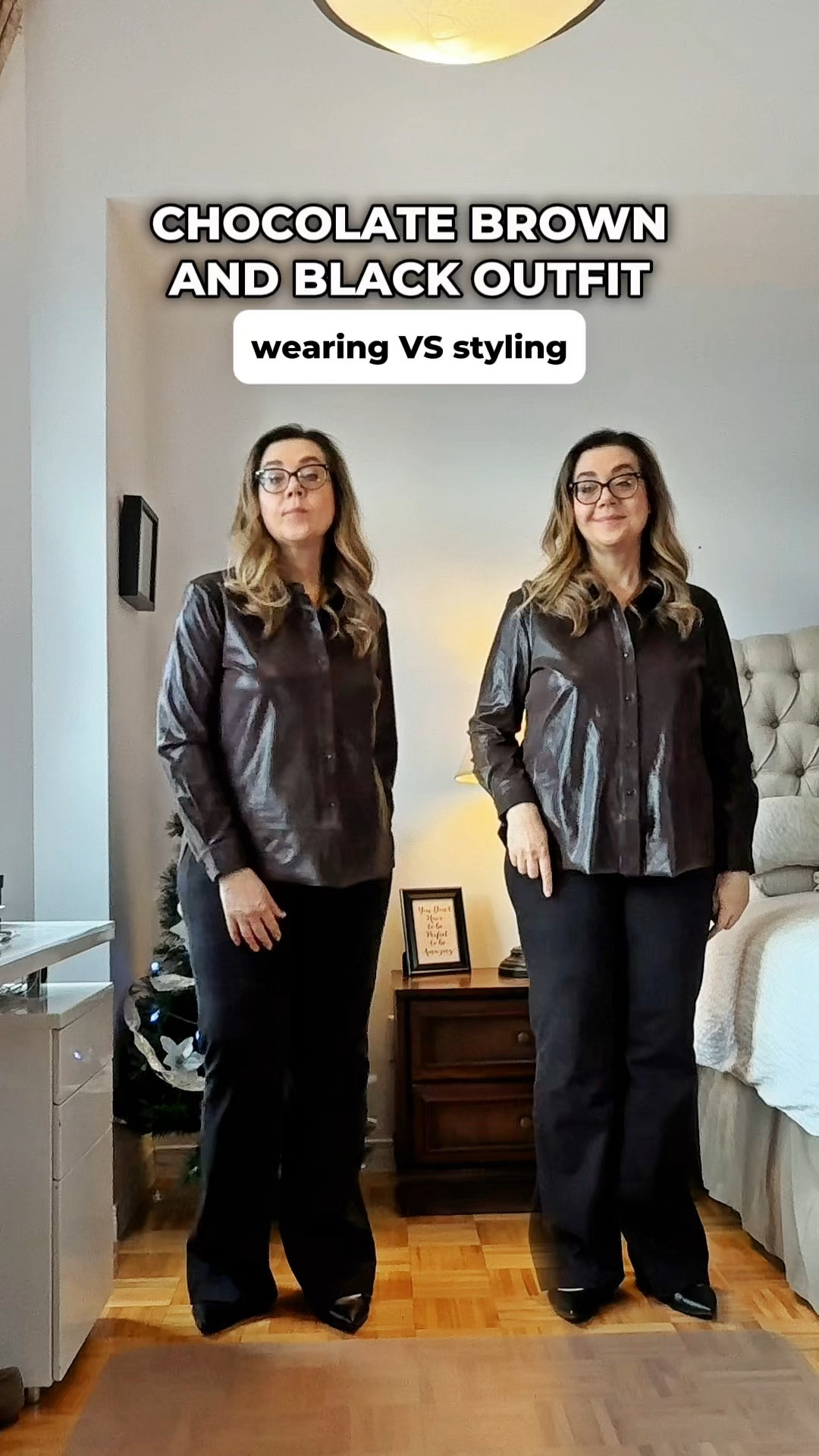 Styling this fabulous gifted set from Lissé New York, a brand known for their figure-fit fabrics that suck in the tummy and other hanging bits for a trimmer shape. 

The chocolate brown color is very hot right now and these black denim trousers fit me like a dream!

Styled these pieces for a modern, elevated look with just three little additions:
✔ Layered the chocolate faux leather shirt as a jacket and added a sparkly cami.
✔ Swapped black flats for nude kitten heels to elongate the legs.
✔ Added jewelry and a sleek purse to elevate the outfit.

These simple changes make me look 10 pounds slimmer and instantly elongate my legs! Don’t you agree? Which look do you prefer—left or right? 

Big thanks to Lissé New York for this fabulous set. Follow for more easy tweaks to upgrade your look and feel amazing!

Note that denim trousers have inseam 33”. If you’re not as tall as me choose another pair with a proper inseam. I’m 5’9” and weigh 190 lbs.

#StyleRefresh #ChocolateBrownOutfit #LisseNewYork #FashionOver50 #EffortlessStyle #StyleTipsForWomen”

#LTKmidsize #LTKworkwear #LTKwinter