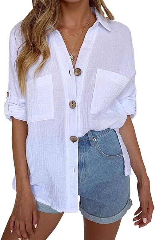 2019 Women’s Solid Blouses Full-Length Button V Neck Tops Roll-Up 3/4 Sleeves Shirts with Breas... | Amazon (US)